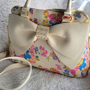 Betsey Johnson Ivory Heart Studded Floral Tote Bag